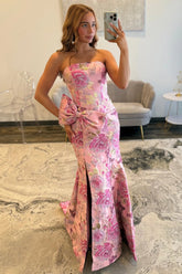 Stunning Pink Floral Strapless Mermaid Prom Dress with Bow Detail and Slit