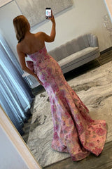 Stunning Pink Floral Strapless Mermaid Prom Dress with Bow Detail and Slit