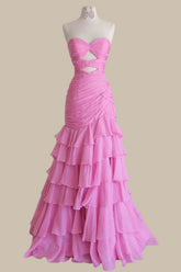 Stunning Pink Formal Prom Gown with Ruched Silhouette and Cascading Ruffles