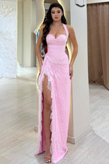 Stunning Pink Ruched Corset Lace Mermaid Prom Dress with Halter Neck & Slit