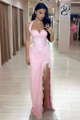 Stunning Pink Ruched Corset Lace Mermaid Prom Dress with Halter Neck & Slit