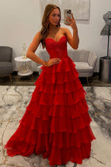 Stunning Red A-Line Sweetheart Long Tiered Chiffon Prom Dress with Slit