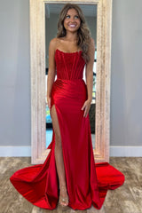 Stunning Strapless Red Satin Prom Dress with Glitter Bodice and Side Slit