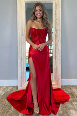 Stunning Strapless Red Satin Prom Dress with Glitter Bodice and Side Slit