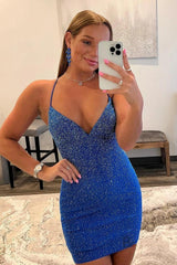 Stunning Royal Blue Spaghetti Straps Lace Up Tight Beaded Homecoming Dress