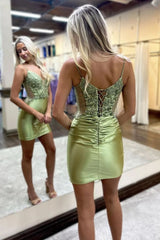 Stunning Sage Green Short Satin Homecoming Dress with Spaghetti Straps and Elegant Appliques