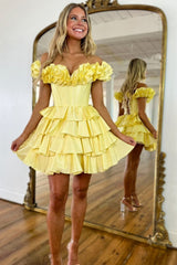 Stunning Yellow A-Line Off The Shoulder Tiered Satin Dress Homecoming Dress