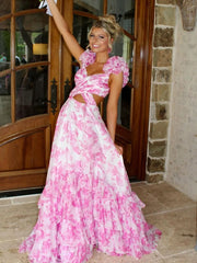 Stunning Printed Chiffon Prom Dress with V Neck Waist Hollow and Tiered A Line Design