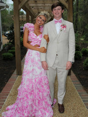 Stunning Printed Chiffon Prom Dress with V Neck Waist Hollow and Tiered A Line Design