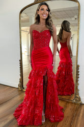 Stunning Satin Mermaid Prom Dress with Strapless Design and Tiered Sequin Ruffle Details