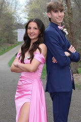 Stylish Mermaid Off the Shoulder Pink Long Prom Dress with Split Front Beading