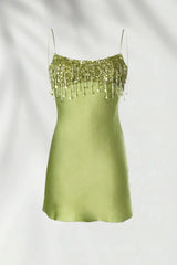 Stunning A Line Spaghetti Straps Green Satin Short Homecoming Dress with Taasels