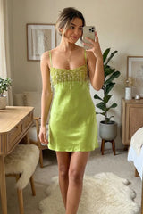 Stunning A Line Spaghetti Straps Green Satin Short Homecoming Dress with Taasels
