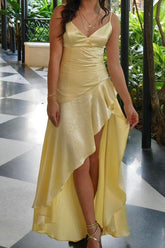 Stylish A Line Spaghetti Straps Yellow Long Prom Dress with Ruffles