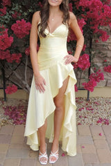 Stylish A Line Spaghetti Straps Yellow Long Prom Dress with Ruffles