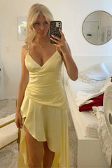 Stylish A Line Spaghetti Straps Yellow Long Prom Dress with Ruffles