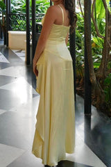 Stylish A Line Spaghetti Straps Yellow Long Prom Dress with Ruffles