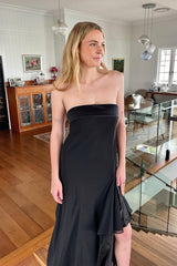 Stylish Sheath Strapless Black Long Party Dress with Ruffles