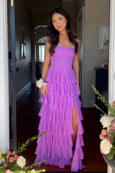 Stylish A Line Strapless Purple Long Prom Dress with Ruffles Split Front