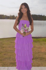 Stylish A Line Strapless Purple Long Prom Dress with Ruffles Split Front