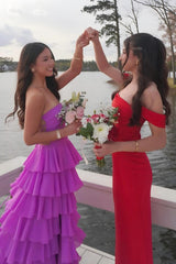 Stylish A Line Strapless Purple Long Prom Dress with Ruffles Split Front