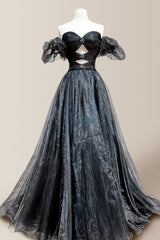 Stylish Black Off-The-Shoulder A-Line Prom Dress with Sheer Puff Sleeves & Cutout Beaded Bodice