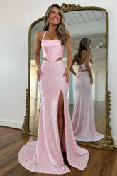 Stylish Blush Pink Halter Satin Top Two Piece Mermaid Prom Dress with Pearls