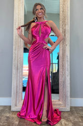 Stylish Fuchsia Metallic Mermaid Prom Dress with Slit and Open Back