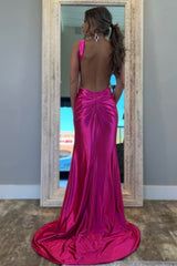 Stylish Fuchsia Metallic Mermaid Prom Dress with Slit and Open Back