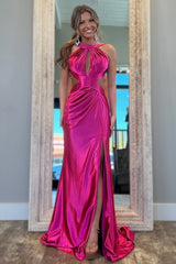 Stylish Fuchsia Metallic Mermaid Prom Dress with Slit and Open Back