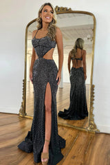 Stylish Mermaid Prom Dress with Glitter Fabric Spaghetti Straps and Waist Hollow Detail