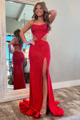Stylish Mermaid Prom Dress with Glitter Fabric Spaghetti Straps and Waist Hollow Detail