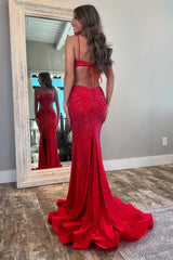 Stylish Mermaid Prom Dress with Glitter Fabric Spaghetti Straps and Waist Hollow Detail