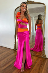 Stylish Hot Pink One-Shoulder Satin Mermaid Prom Dress with Waist Cutouts and Slit