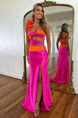 Stylish Hot Pink One-Shoulder Satin Mermaid Prom Dress with Waist Cutouts and Slit