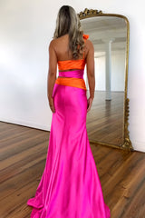 Stylish Hot Pink One-Shoulder Satin Mermaid Prom Dress with Waist Cutouts and Slit