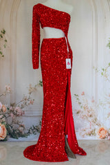 Stylish Mermaid One Shoulder Red Sequins Long Prom Dress with Keyhole