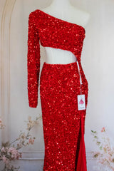 Stylish Mermaid One Shoulder Red Sequins Long Prom Dress with Keyhole