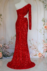Stylish Mermaid One Shoulder Red Sequins Long Prom Dress with Keyhole