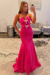 Stylish Mermaid Sweetheart Hot Pink Long Prom Dress with Bowknot Beading