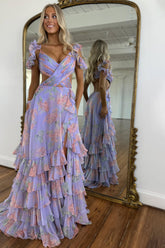 Stylish Purple Print A Line Off The Shoulder Long Layered Prom Dress with Slit