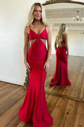 Fashion Mermaid Spaghetti Straps Red Long Prom Dress with Open Back
