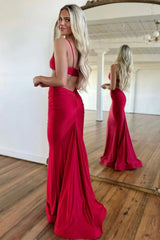 Fashion Mermaid Spaghetti Straps Red Long Prom Dress with Open Back