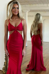 Fashion Mermaid Spaghetti Straps Red Long Prom Dress with Open Back