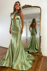 Sweety Mermaid Halter Neck Mint Green Long Prom Dress with Keyhole 3D Flower
