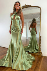 Sweety Mermaid Halter Neck Mint Green Long Prom Dress with Keyhole 3D Flower