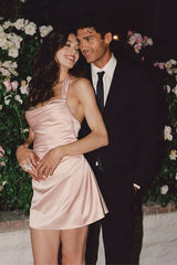 Stylish A Line Halter Neck Light Pink Short Homecoming Dress with Ruched Pearls
