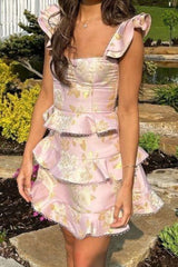 Fashionable A Line Square Neck Pink Short Homecoming Dress with Ruffles