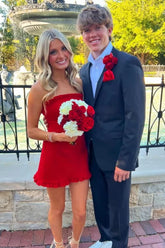 Pretty Sheath Strapless Red Satin Short Homecoming Dress with Ruffles