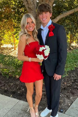 Pretty Sheath Strapless Red Satin Short Homecoming Dress with Ruffles